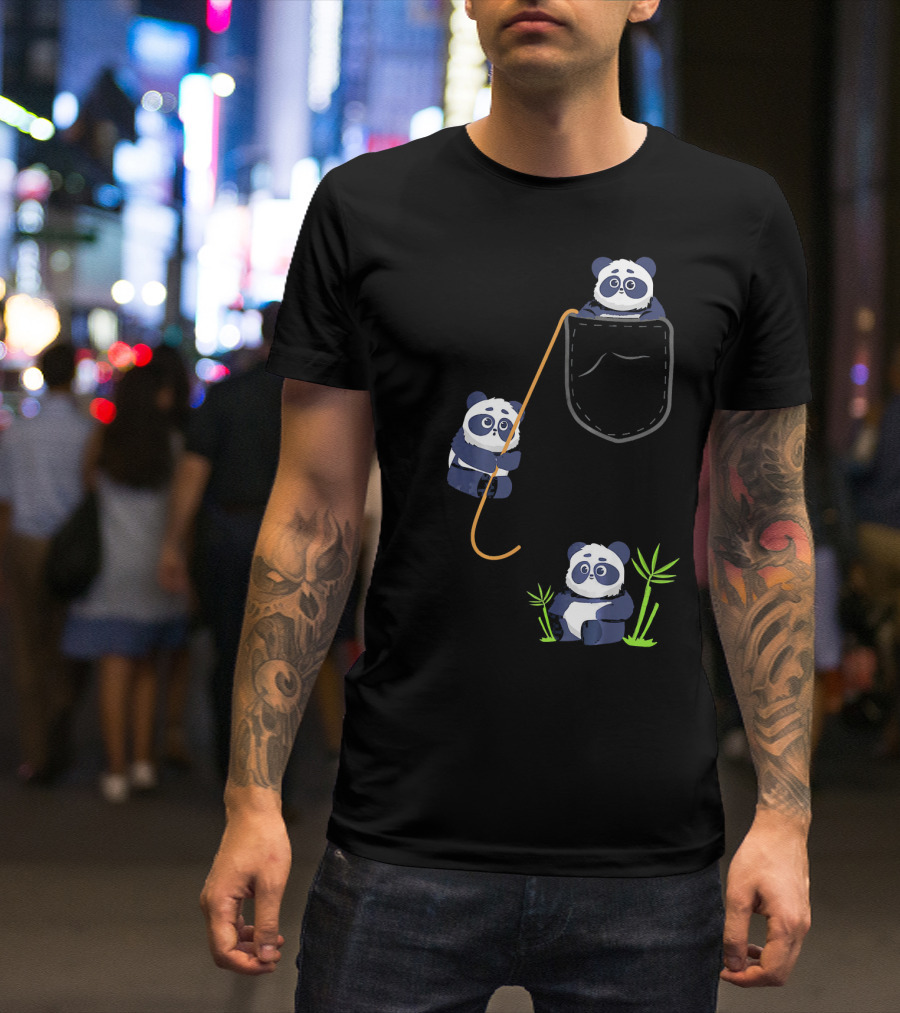 Kids Panda Bear Pocket Bamboo Playful Animals T-Shirt