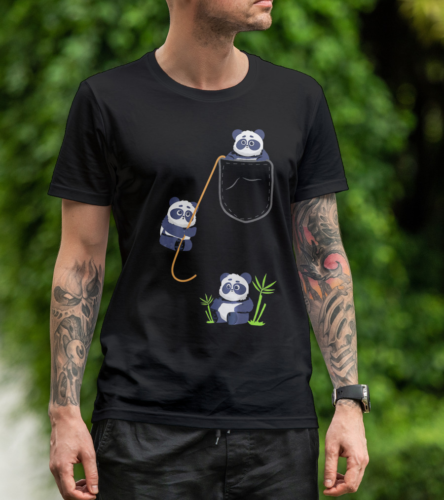 Kids Panda Bear Pocket Bamboo Playful Animals T-Shirt