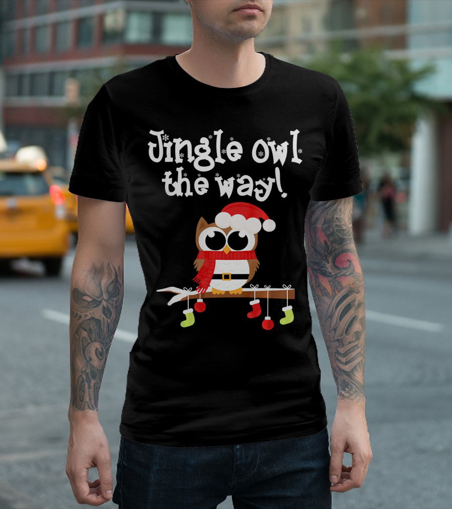 Jingle Owl The Way Funny Owl Christmas Santa Hat And Scarf T-Shirt