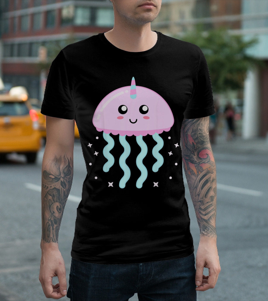 Kawaii Jellyfish Unicorn with Cute Stars and Smiling Face T-Shirt