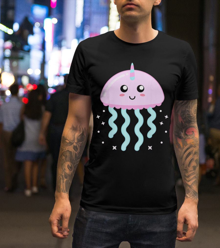 Kawaii Jellyfish Unicorn With Cute Stars And Smiling Face T-Shirt