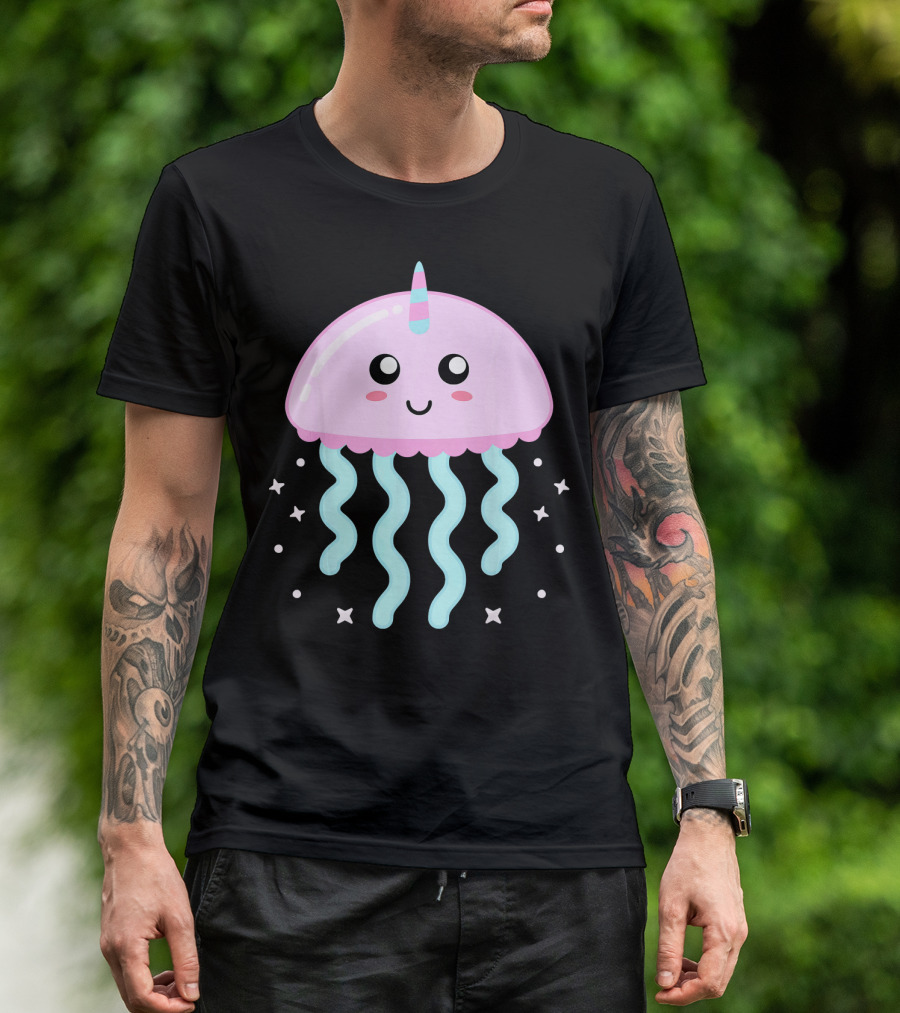 Kawaii Jellyfish Unicorn With Cute Stars And Smiling Face T-Shirt