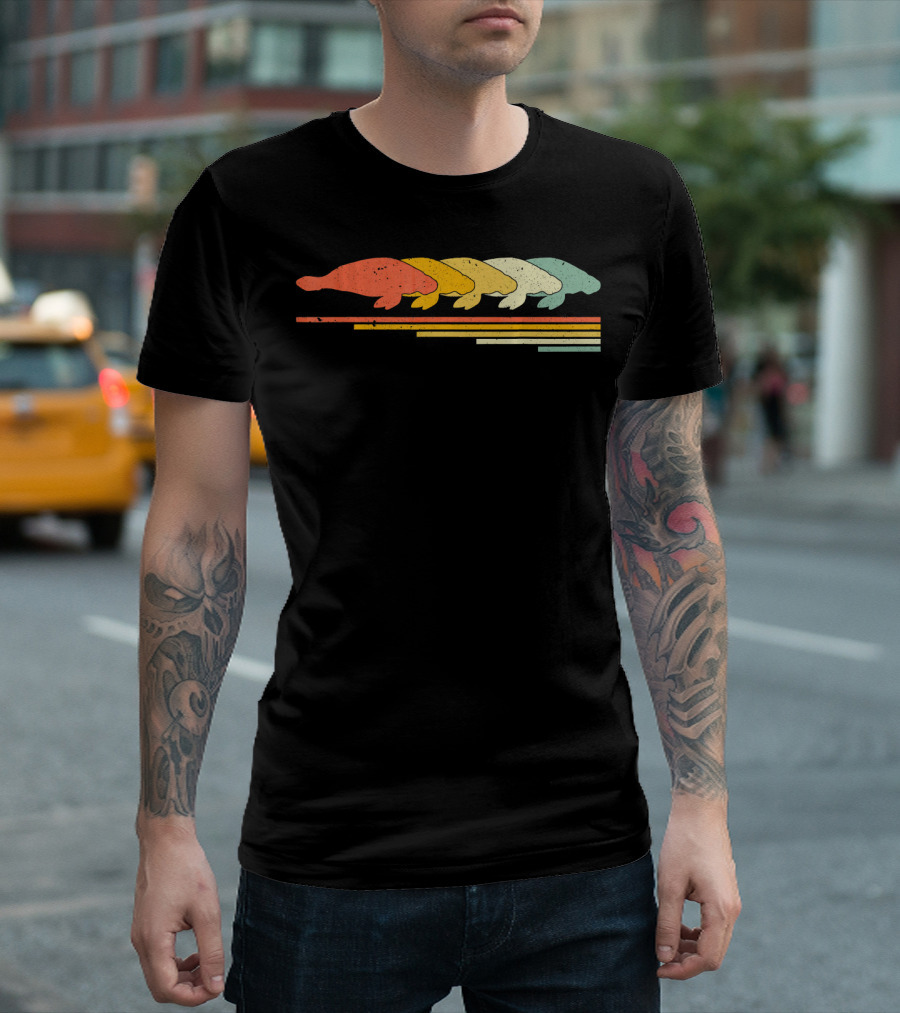 Manatee Retro Vintage 70s 80s Animal Silhouette Stripe T-Shirt