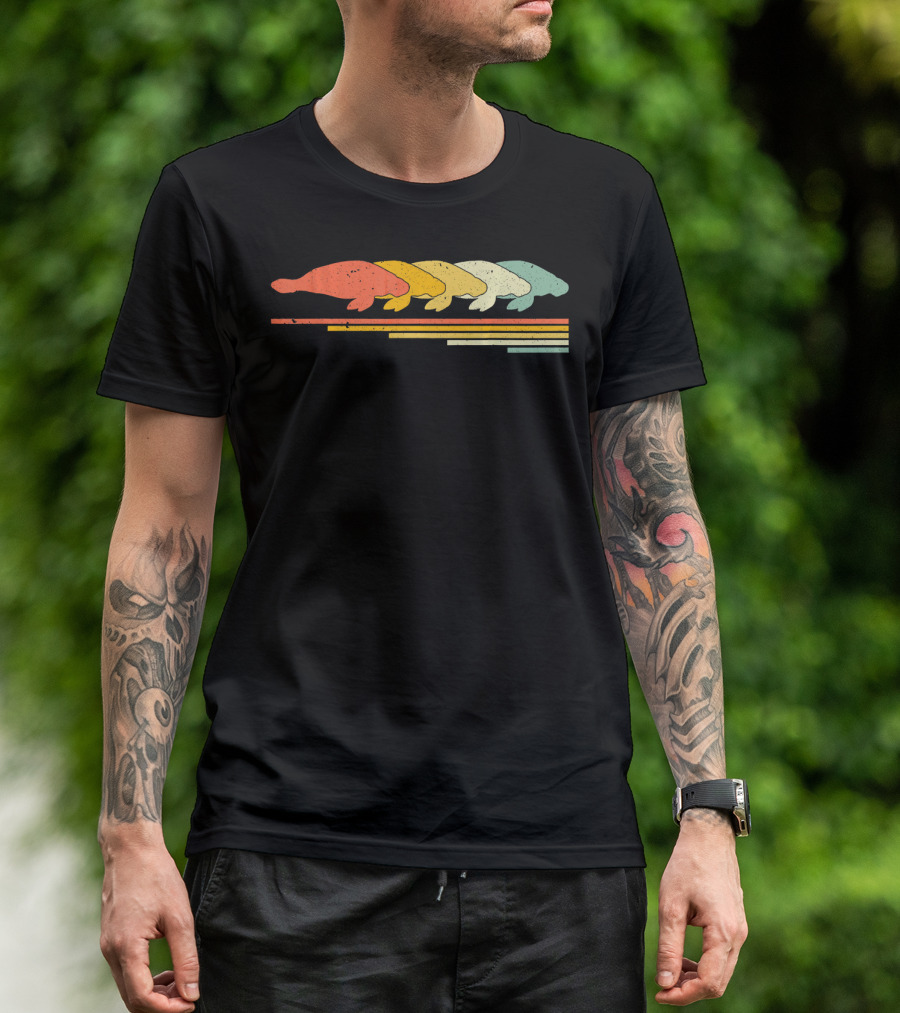 Manatee Retro Vintage 70s 80s Animal Silhouette Stripe T-Shirt