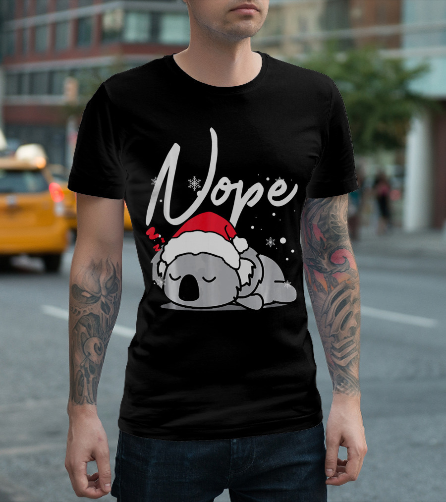 Nope Lazy Sleepy Cute Koala Bear with Santa Hat and Snowflakes T-Shirt