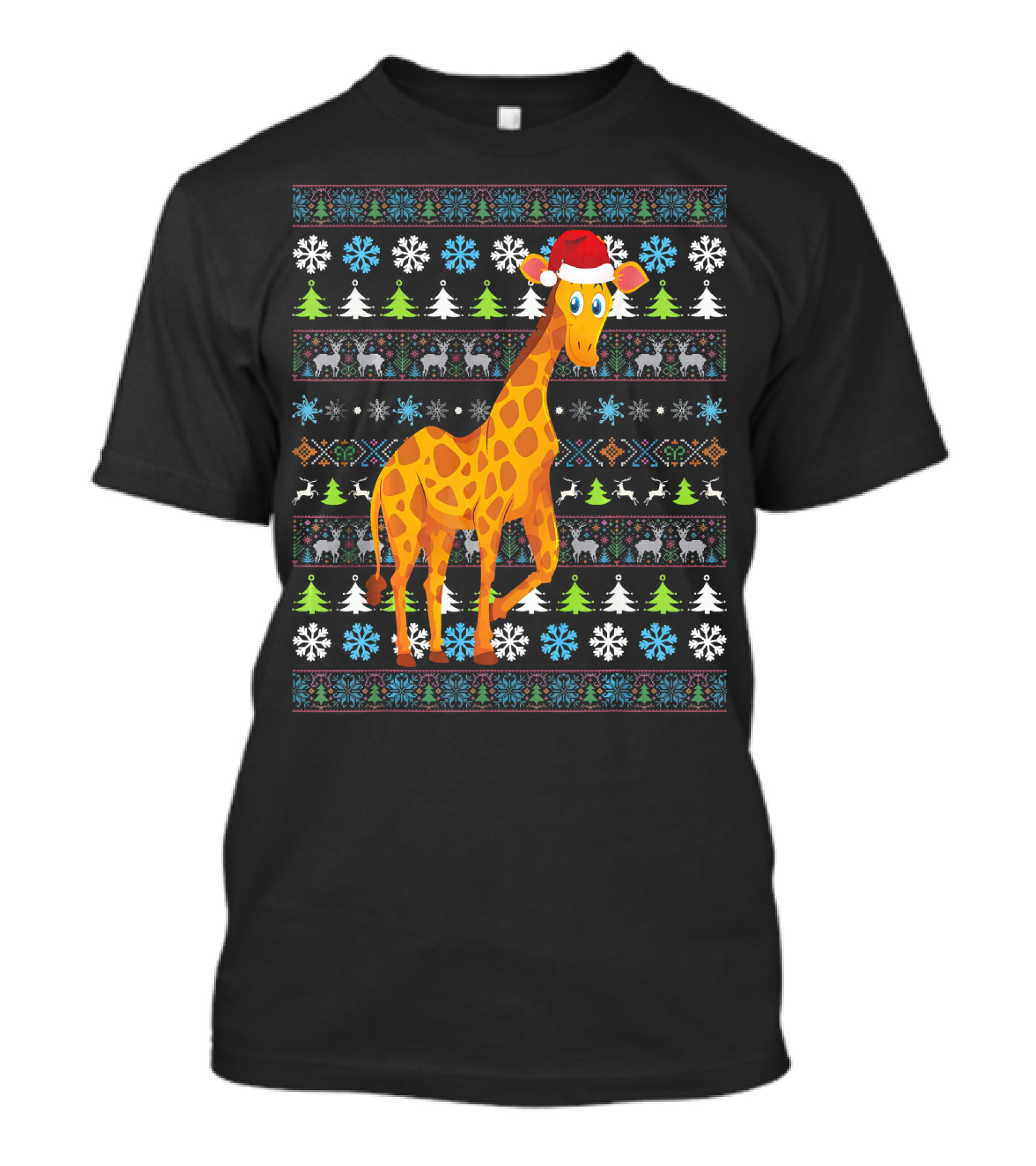 Merry Christmas Giraffe UglySan Santa Hat Festive Pattern Snowflakes Trees T-Shirt