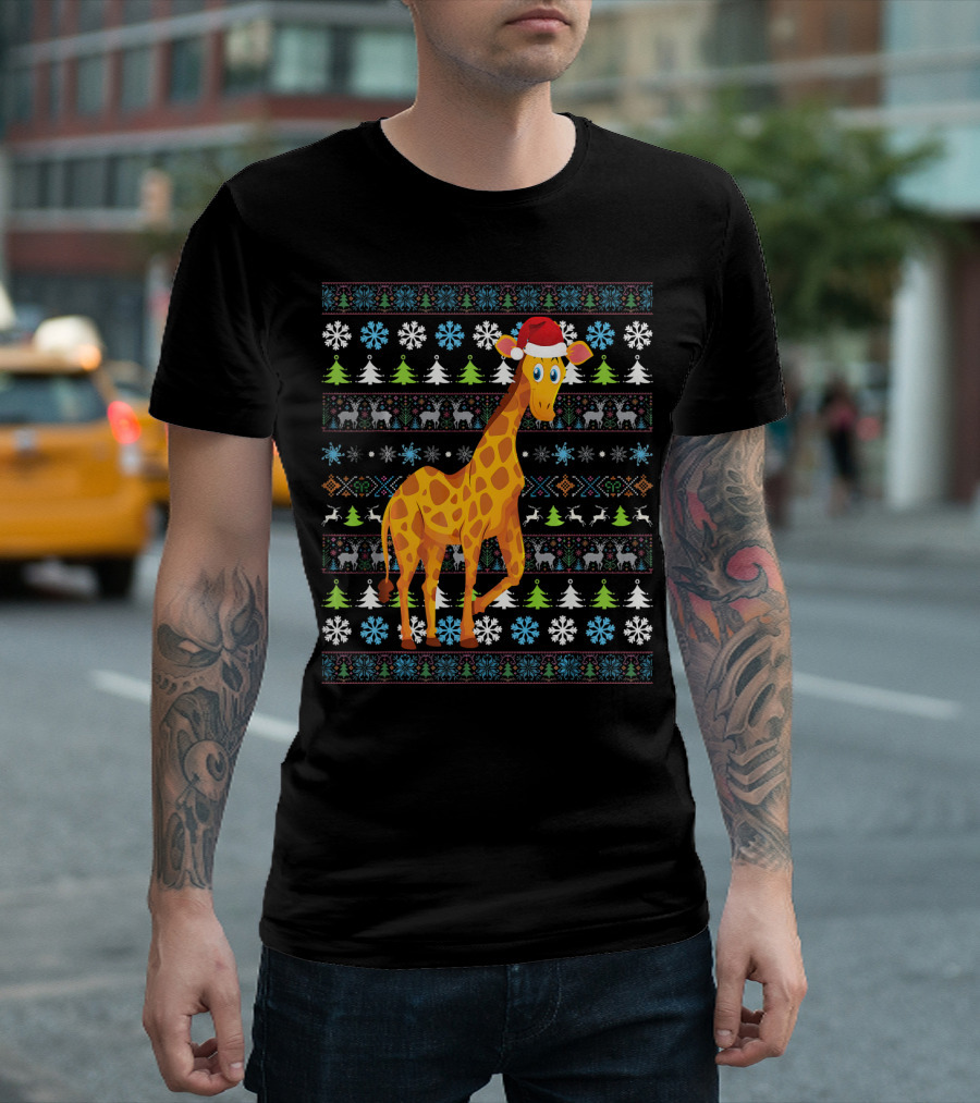 Merry Christmas Giraffe UglySan Santa Hat Festive Pattern Snowflakes Trees T-Shirt
