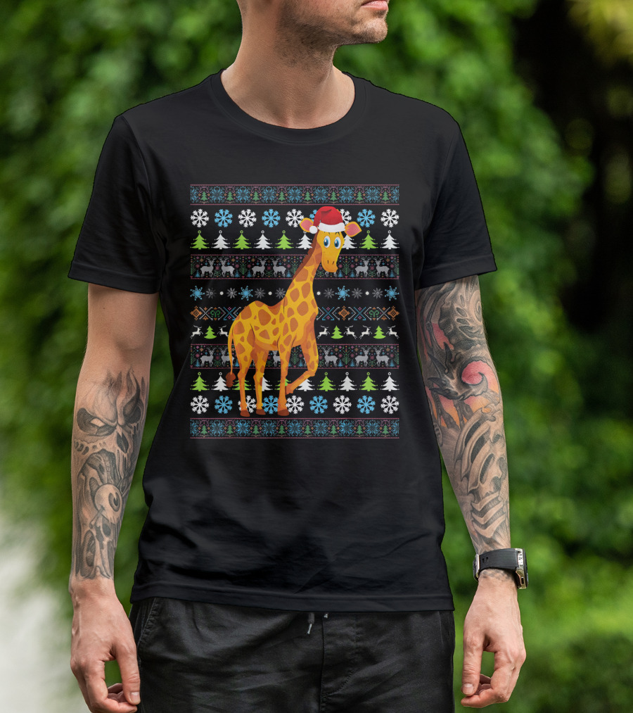 Merry Christmas Giraffe UglySan Santa Hat Festive Pattern Snowflakes Trees T-Shirt