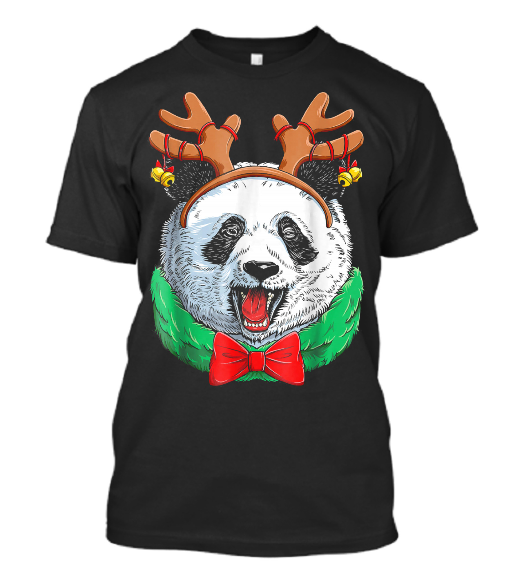 Panda Christmas Reindeer Antlers With Festive Bow And Bells T-Shirt