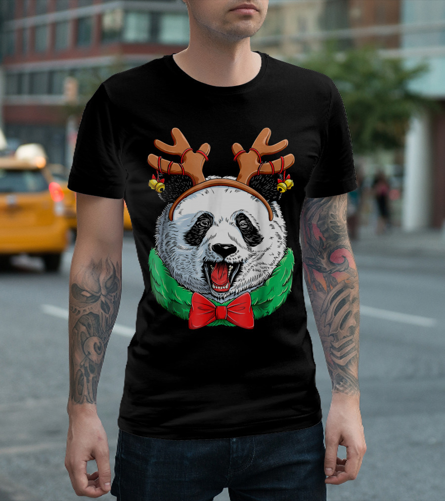 Panda Christmas Reindeer Antlers With Festive Bow And Bells T-Shirt