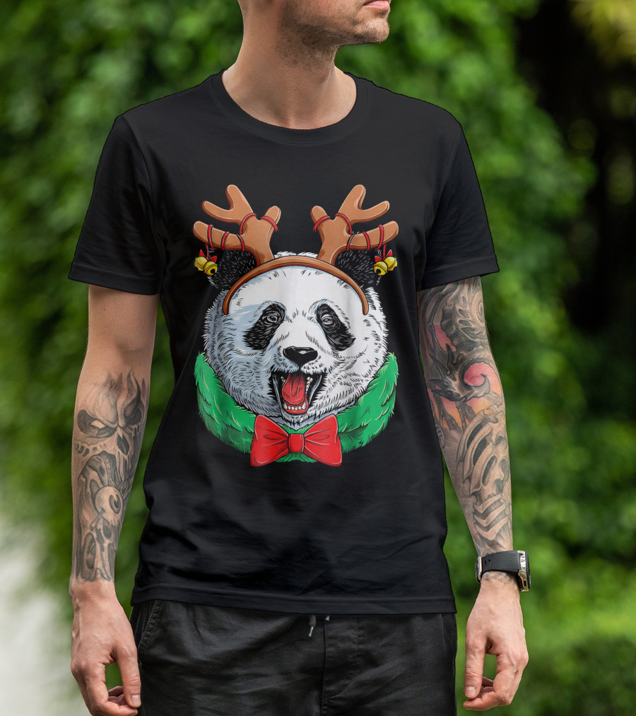 Panda Christmas Reindeer Antlers With Festive Bow And Bells T-Shirt
