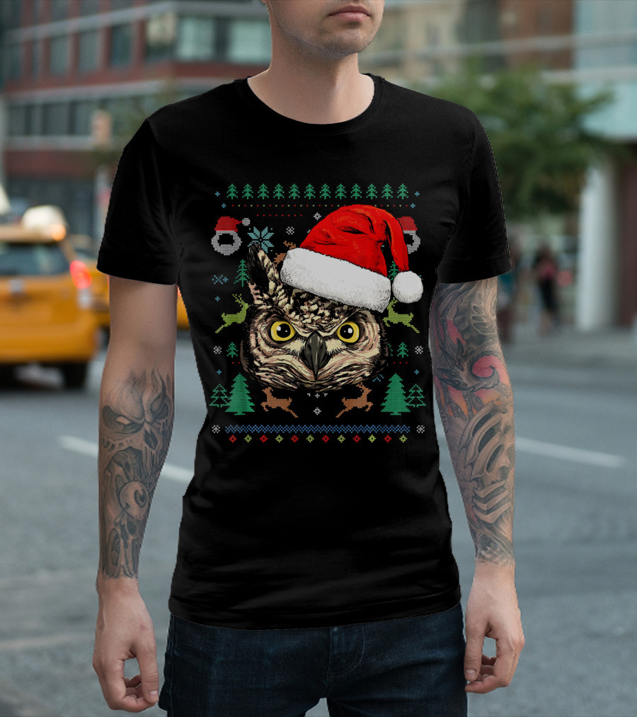Owl Ugly Christmas Sweater Santa Hat Reindeer Trees Snowflakes T-Shirt