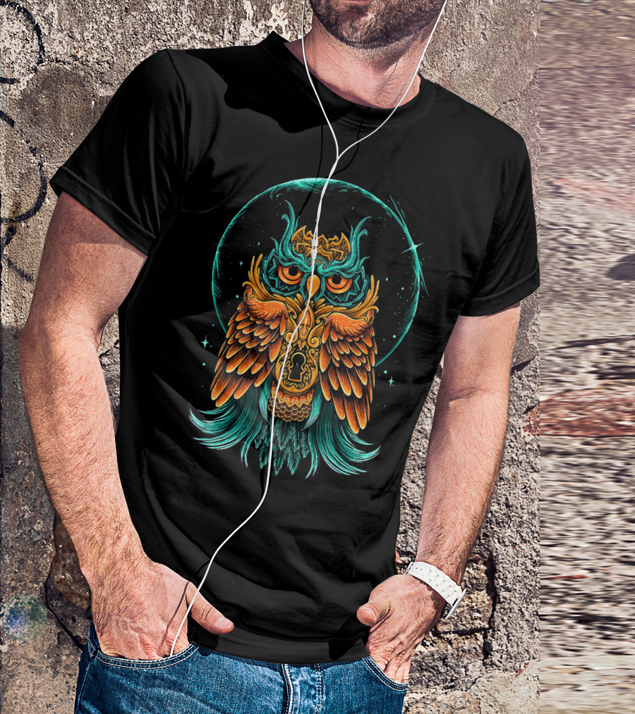 Owl Bird Colorful Intricate Keyhole Celestial Vision T-Shirt