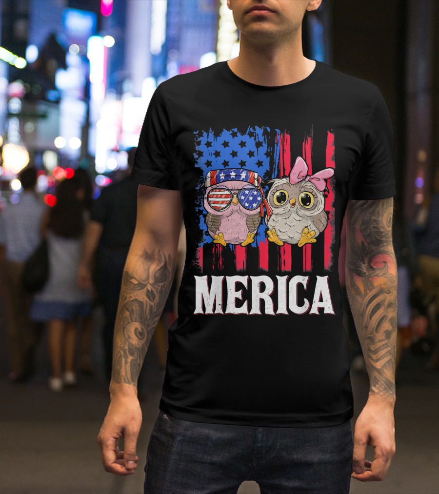 Merica Owl Bandana Sunglasses American Flag Stars Stripes T-Shirt