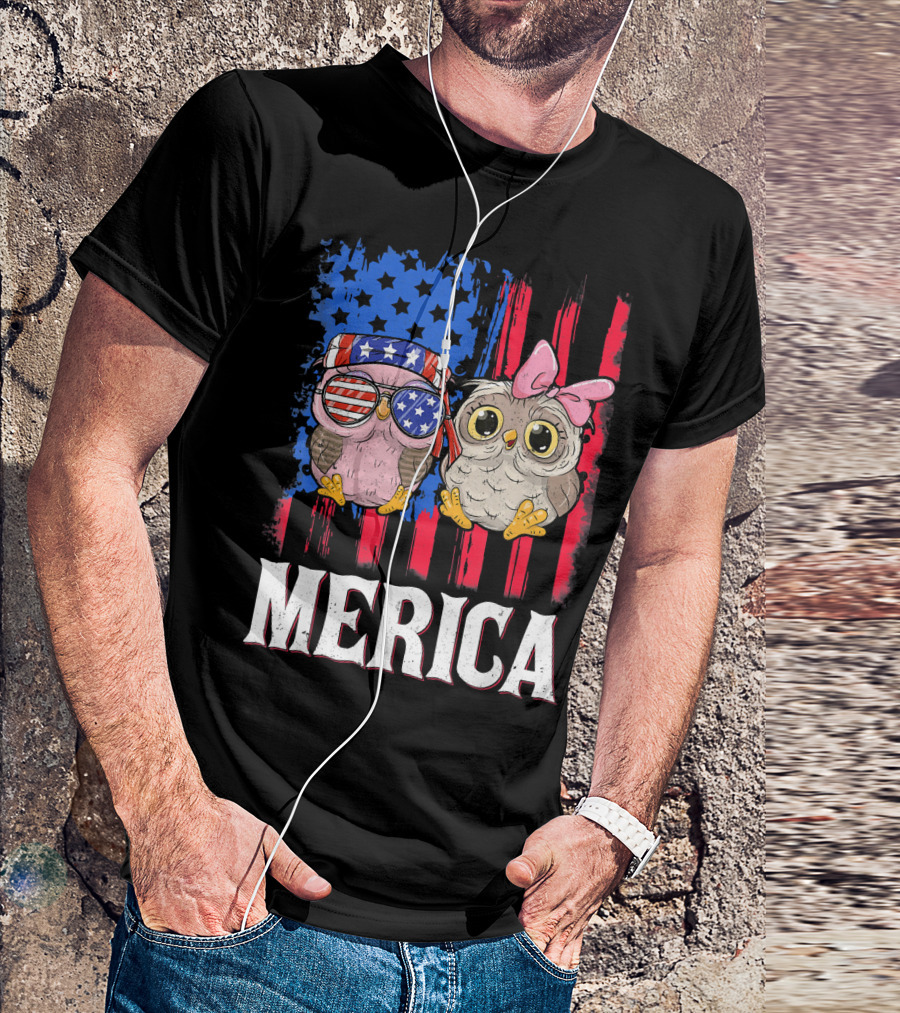 Merica Owl Bandana Sunglasses American Flag Stars Stripes T-Shirt