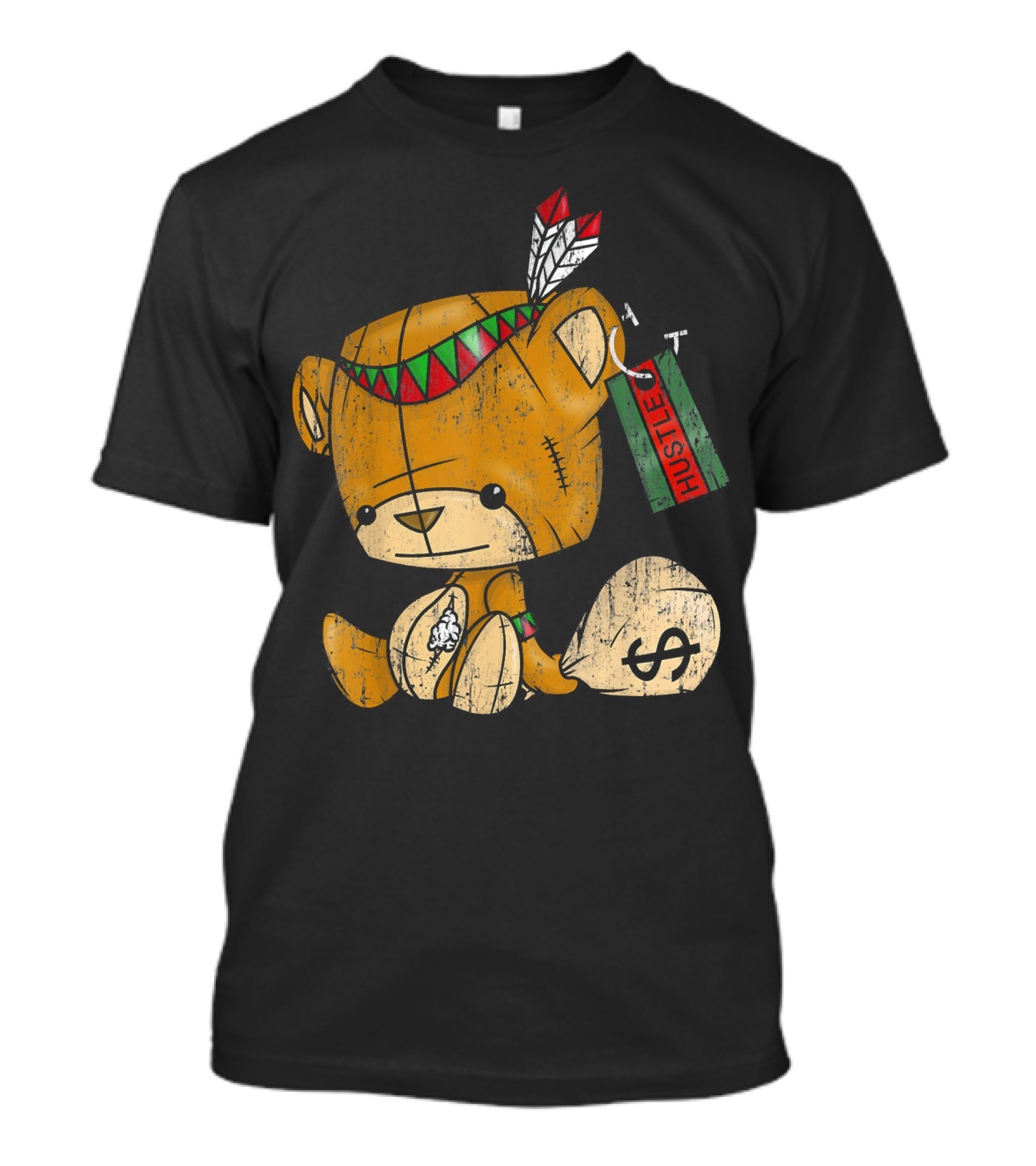 Native American Bear Hustle Spirit With Money Bag And Feathers T-Shirt