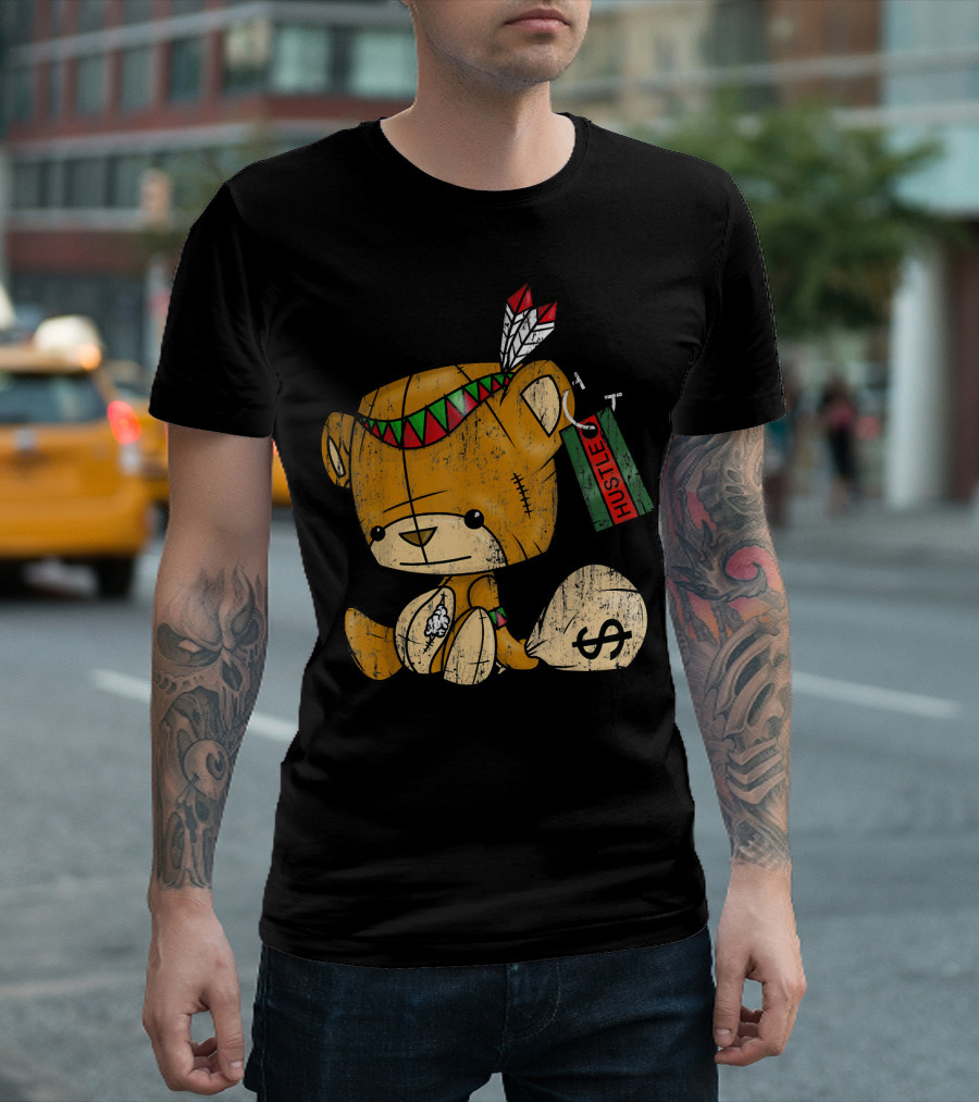 Native American Bear Hustle Spirit With Money Bag And Feathers T-Shirt