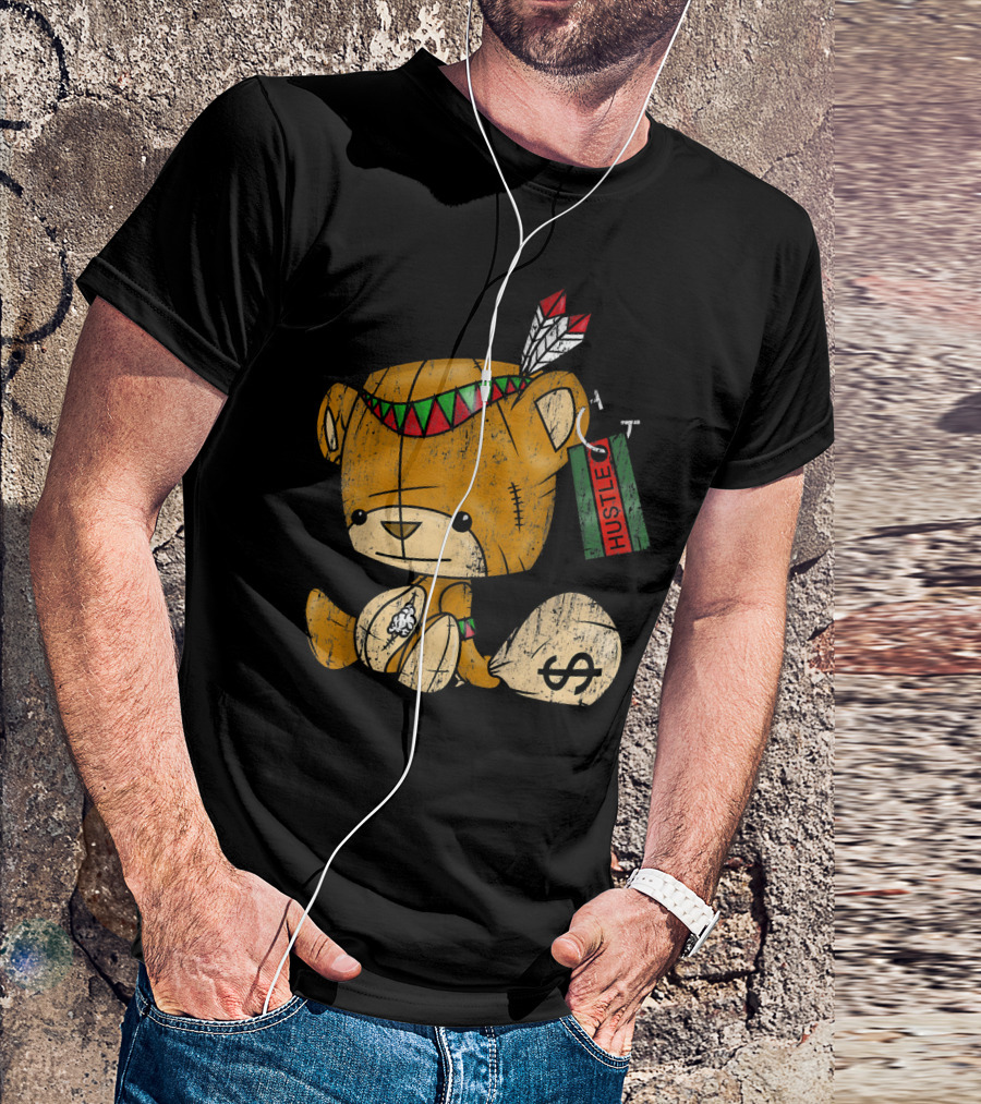 Native American Bear Hustle Spirit With Money Bag And Feathers T-Shirt