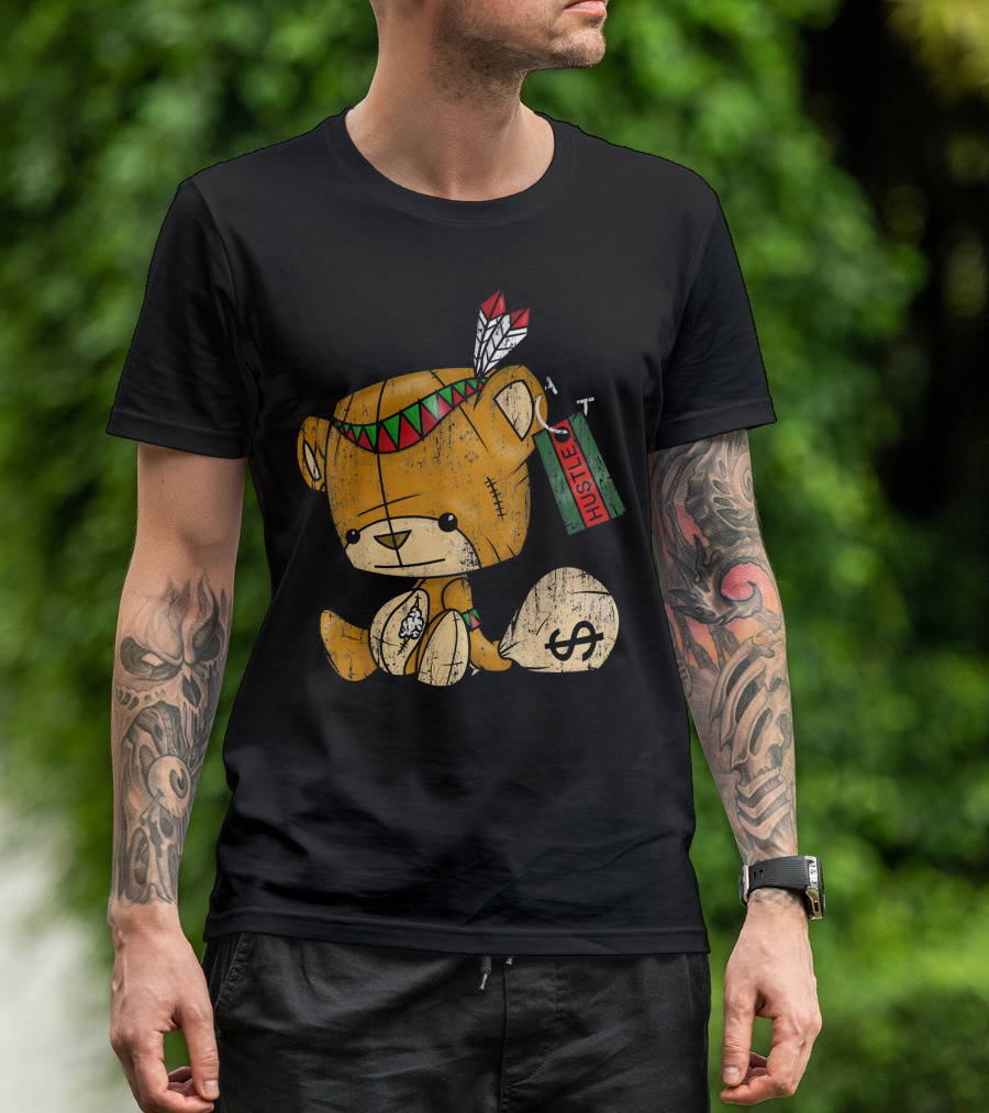 Native American Bear Hustle Spirit With Money Bag And Feathers T-Shirt