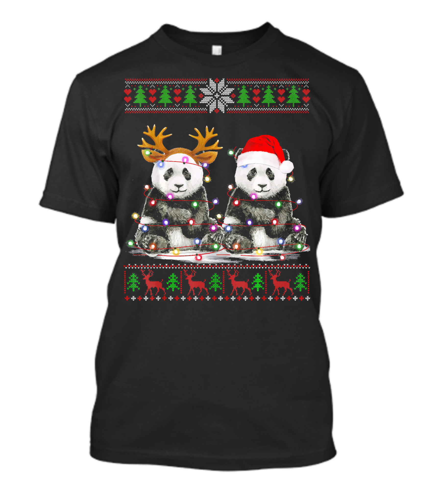 Panda Holiday With Santa Hat Reindeer Antlers Lights Christmas Trees Snowflakes T-Shirt