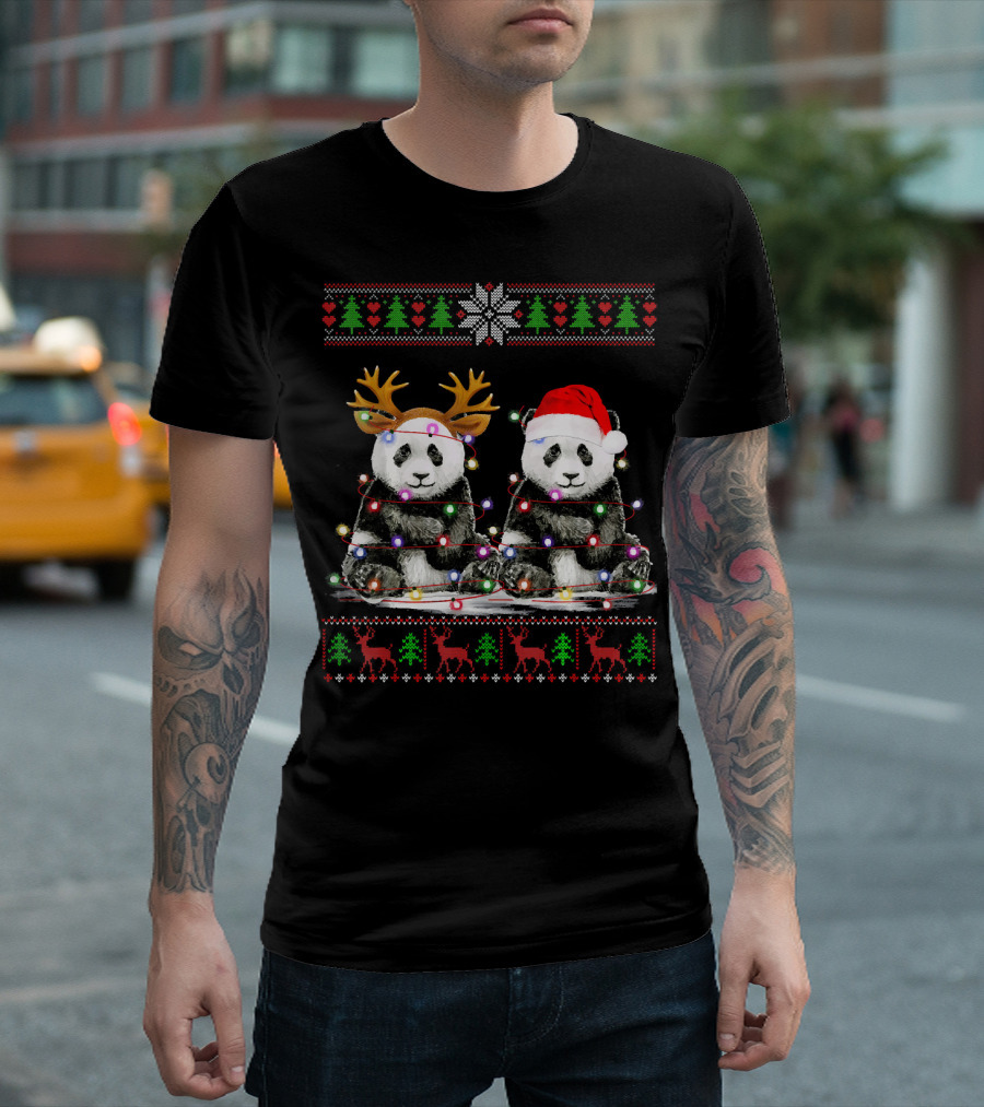 Panda Holiday With Santa Hat Reindeer Antlers Lights Christmas Trees Snowflakes T-Shirt