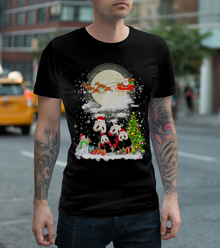 Panda Christmas Santa Sleigh with Reindeer and Festive Tree T-Shirt