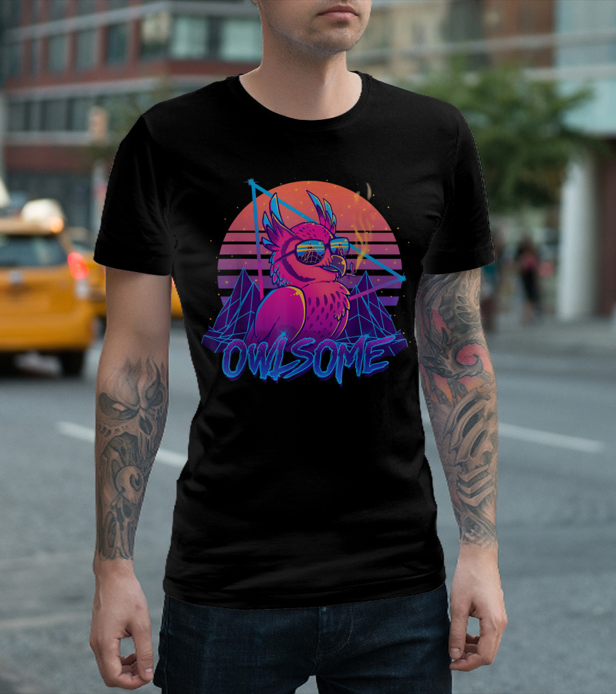Owlsome Owl Retrowave 80s Awesome Bird with Sunglasses and Neon Sunset T-Shirt