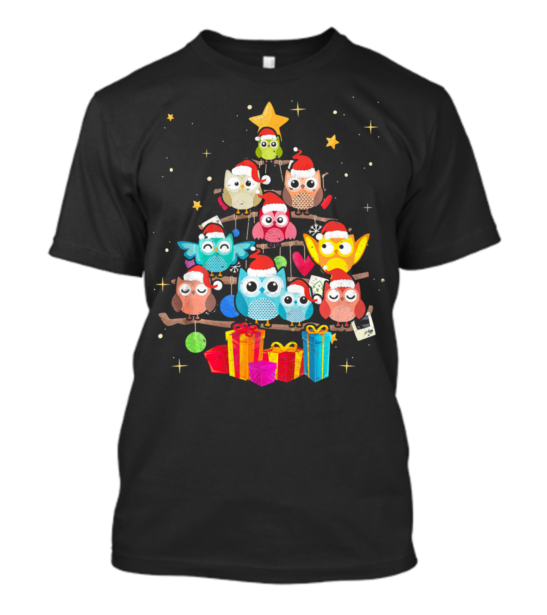 Owl Christmas Tree With Santa Hats And Gifts T-Shirt