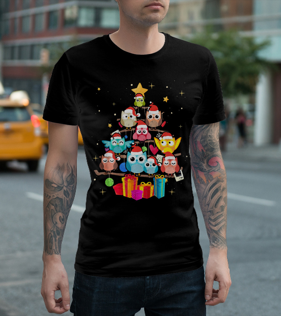 Owl Christmas Tree With Santa Hats And Gifts T-Shirt