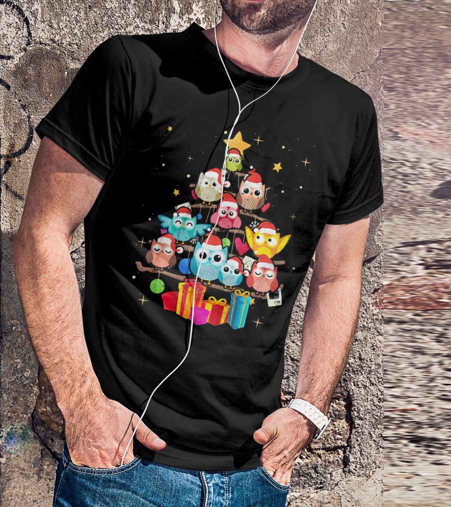Owl Christmas Tree With Santa Hats And Gifts T-Shirt