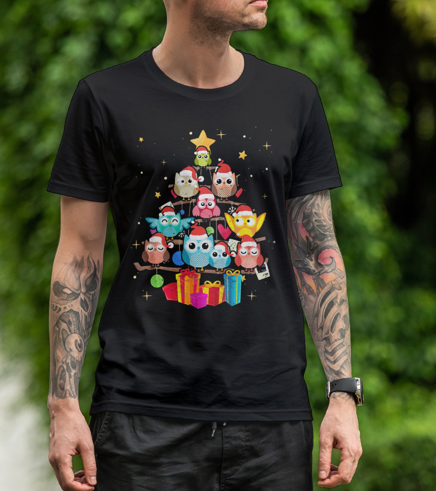 Owl Christmas Tree With Santa Hats And Gifts T-Shirt