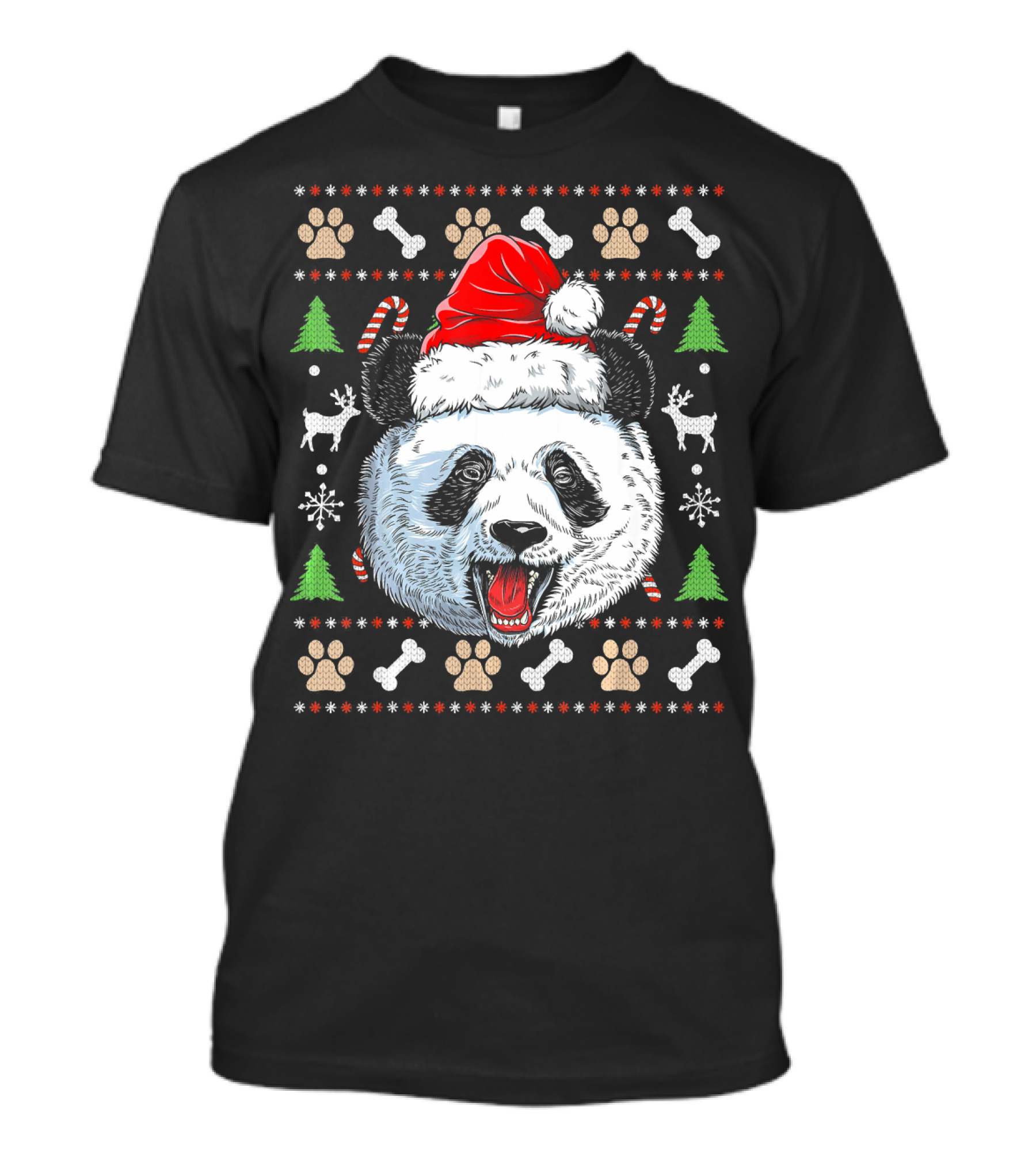 Panda Santa Hat Christmas Ugly Sweater Pattern Candies Reindeer Trees T-Shirt