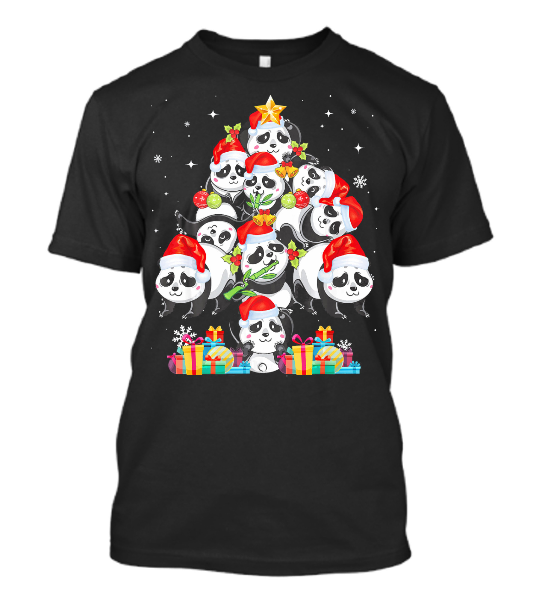 Panda Christmas Tree Lights Santa Hat Present Stacked Pandas T-Shirt