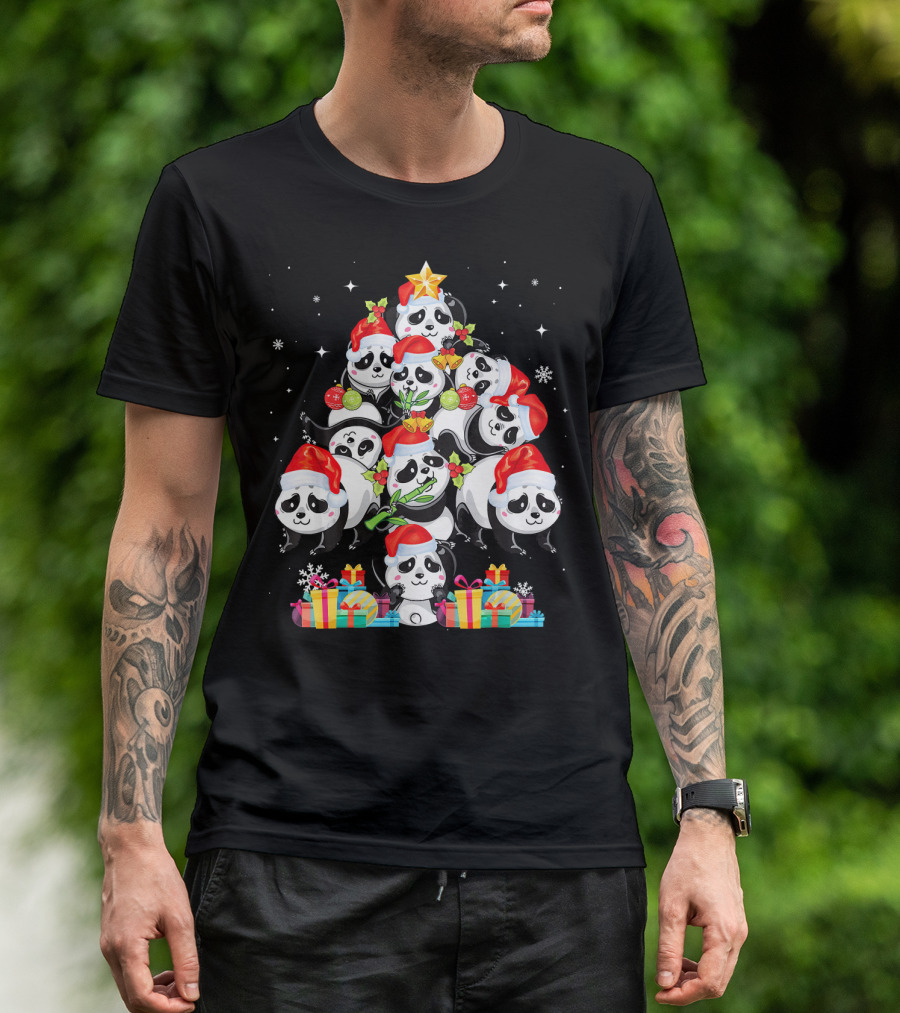 Panda Christmas Tree Lights Santa Hat Present Stacked Pandas T-Shirt