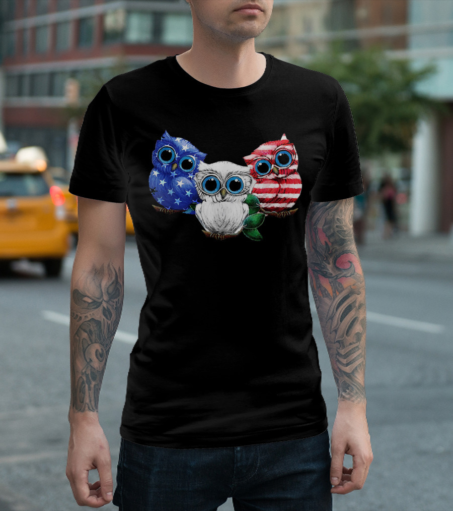 Owl Blue White Red Flag Stars Stripes Ladies 4th Of July T-Shirt