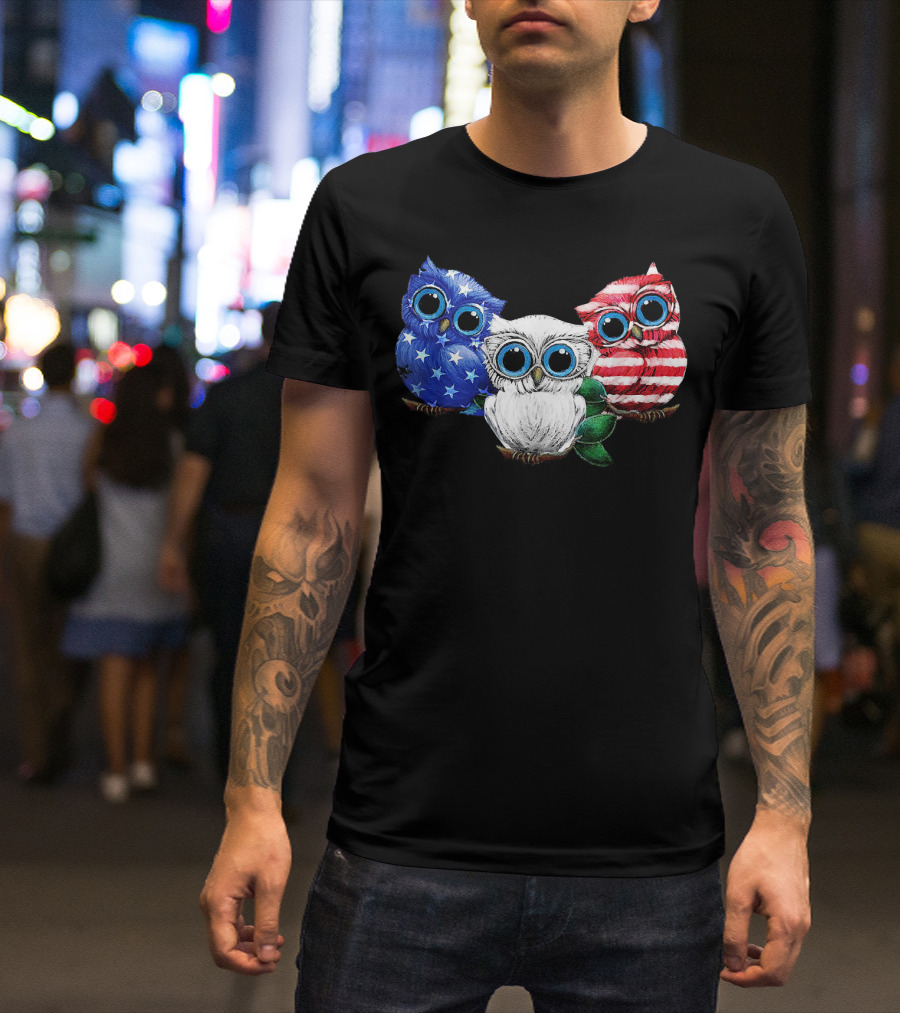 Owl Blue White Red Flag Stars Stripes Ladies 4th Of July T-Shirt