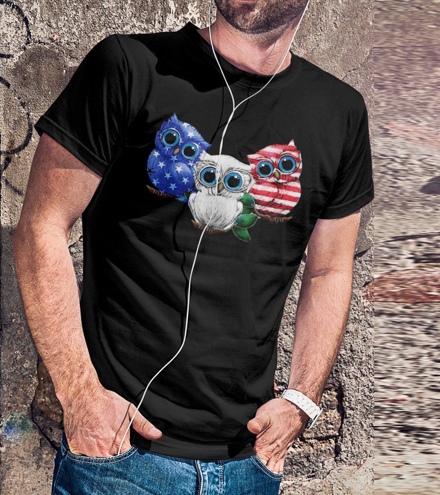 Owl Blue White Red Flag Stars Stripes Ladies 4th Of July T-Shirt