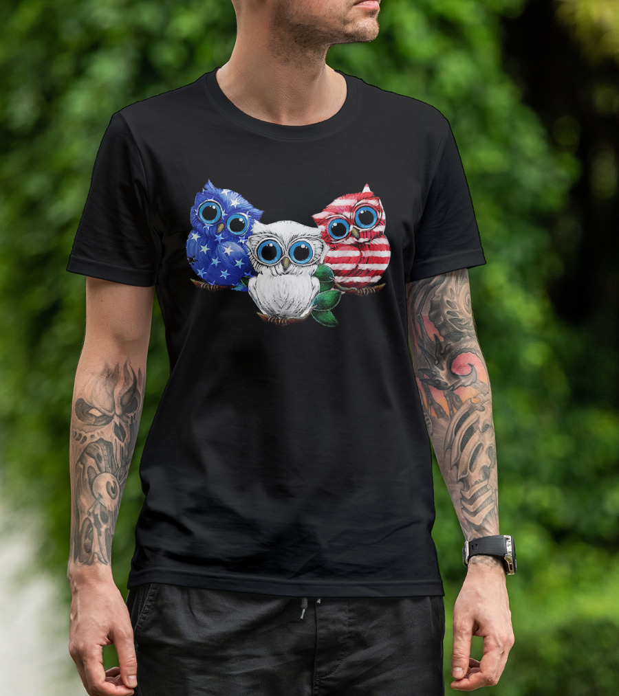 Owl Blue White Red Flag Stars Stripes Ladies 4th Of July T-Shirt