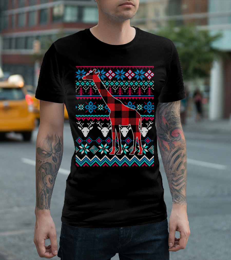 Red Plaid Giraffe Funny Merry Ugly Christmas T-Shirt