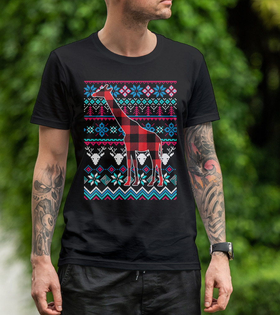 Red Plaid Giraffe Funny Merry Ugly Christmas T-Shirt