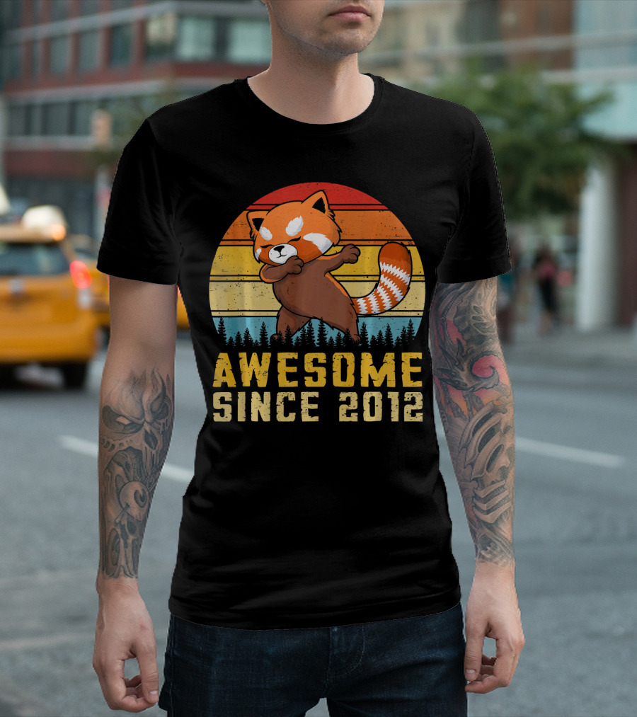 Red Panda Dabbing Awesome Since 2012 Retro Forest Sunset T-Shirt