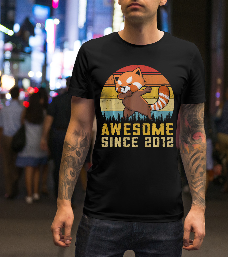 Red Panda Dabbing Awesome Since 2012 Retro Forest Sunset T-Shirt