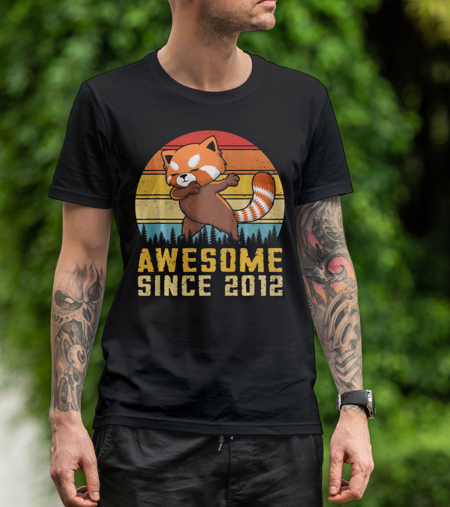 Red Panda Dabbing Awesome Since 2012 Retro Forest Sunset T-Shirt