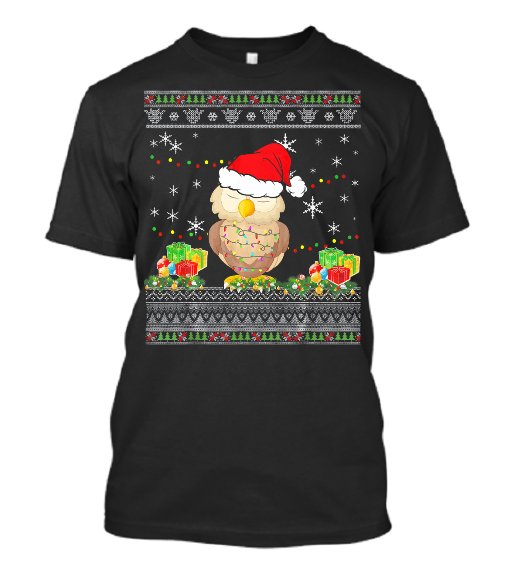 Owl Ugly Christmas Funny Light Holiday Gifts Snowflakes Festive T-Shirt