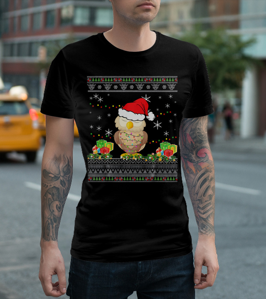 Owl Ugly Christmas Funny Light Holiday Gifts Snowflakes Festive T-Shirt