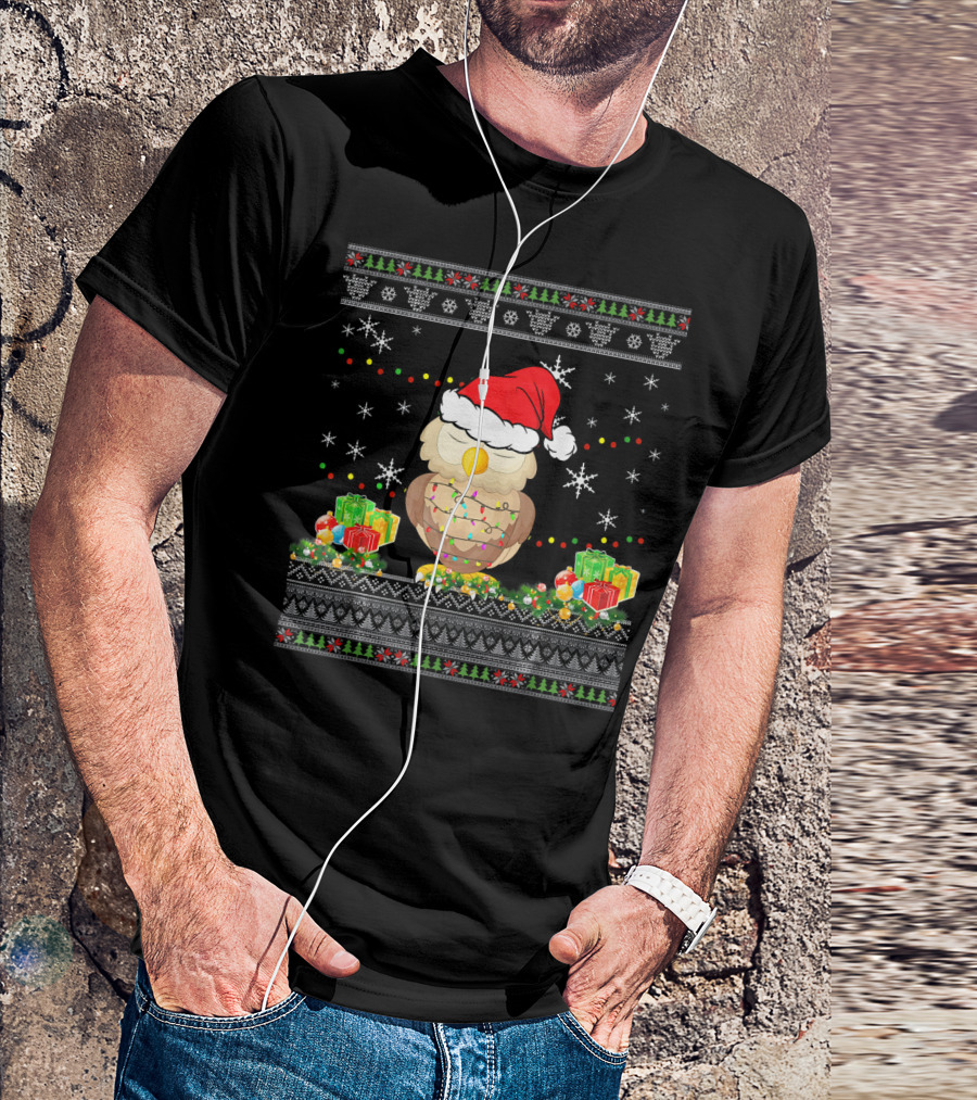 Owl Ugly Christmas Funny Light Holiday Gifts Snowflakes Festive T-Shirt