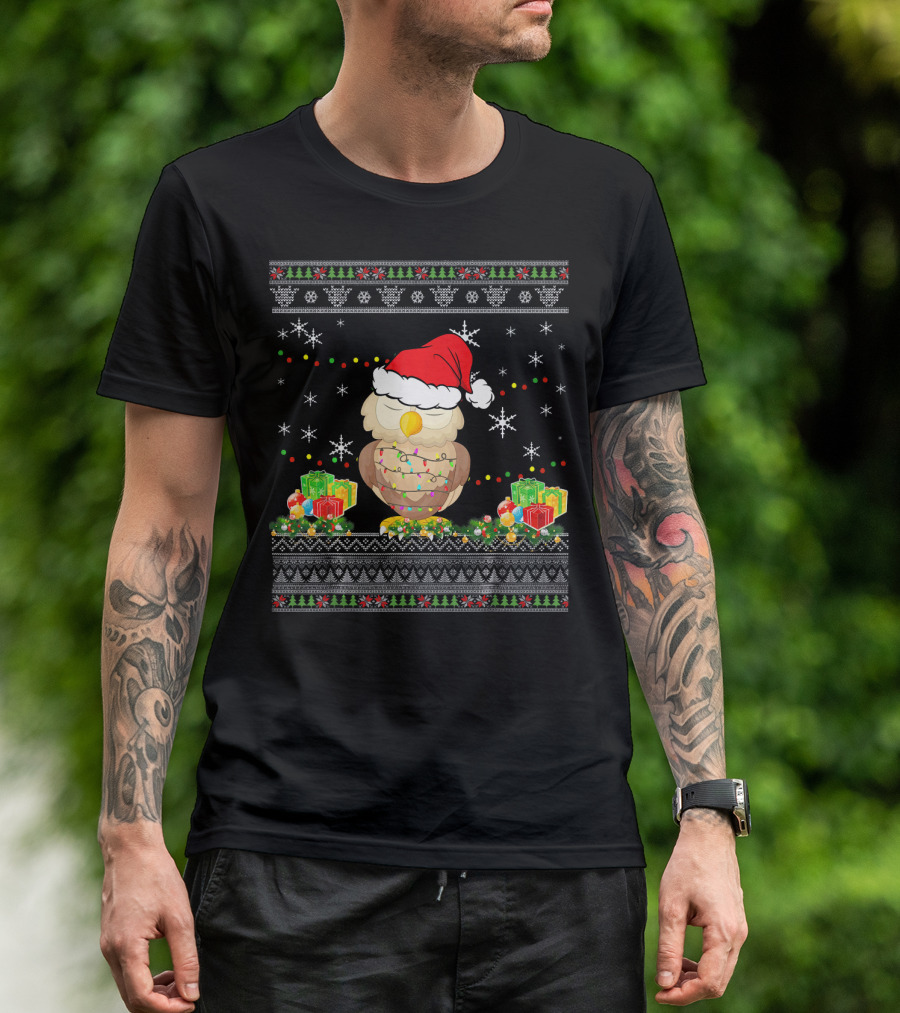 Owl Ugly Christmas Funny Light Holiday Gifts Snowflakes Festive T-Shirt