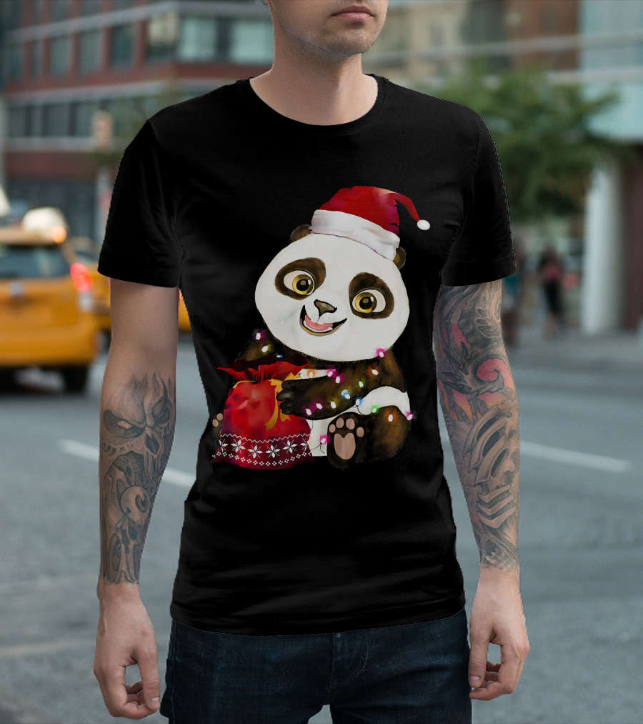 Panda Christmas Tree Lights Costume Santa Hat T-Shirt