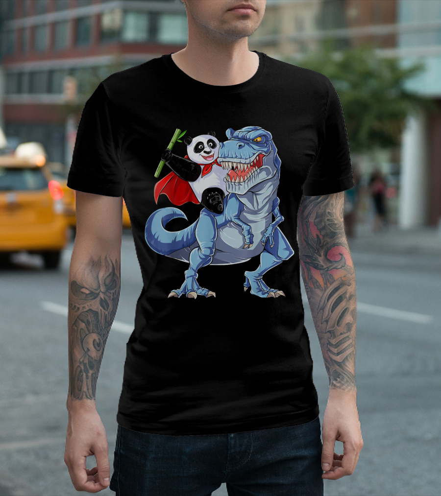Panda Superhero Riding Tyrannosaurus Rex T-Shirt