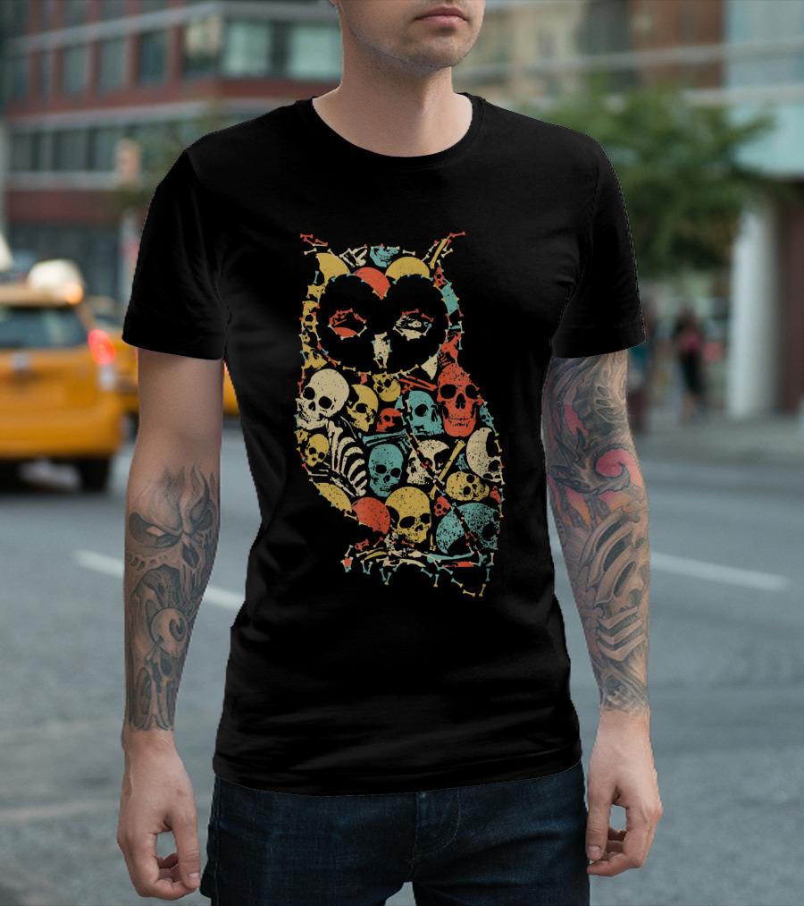 Owl Halloween Skeleton Skull Vintage Retro Multicolor T-Shirt